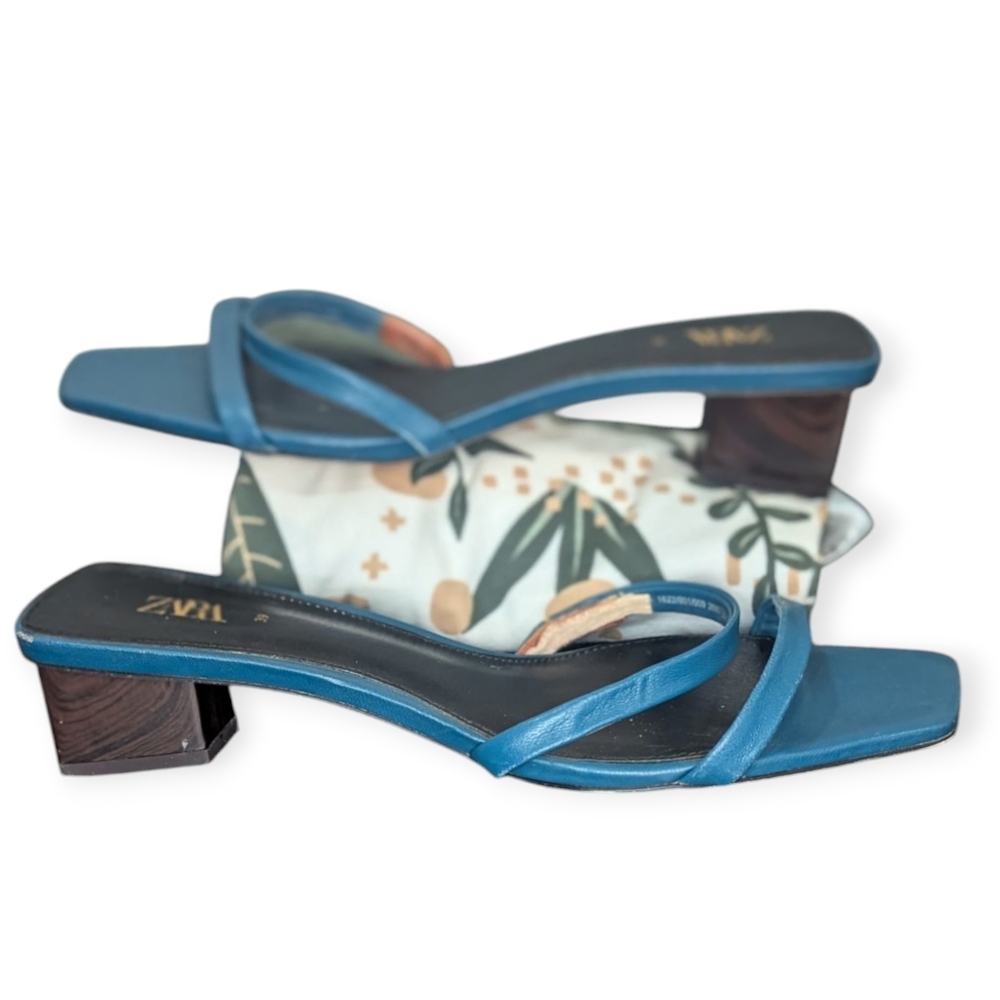 ZARA Block heel Blue Sandals Women's Size 39 (8.5) Summer Wedding Party Spring - Picture 3 of 5